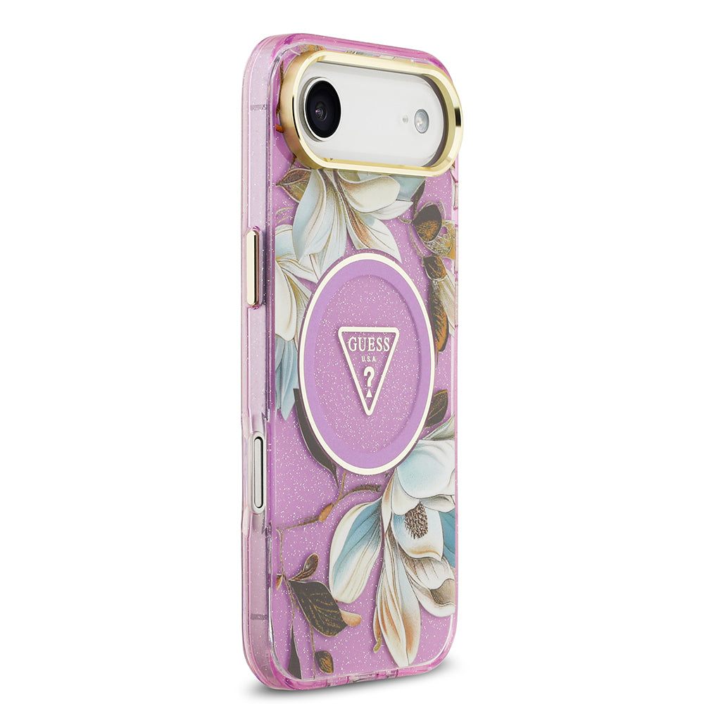 Apple iPhone 17 Air Kılıf Guess Orjinal Lisanslı M-safe Şarj Özellikli Simli Çiçek Desenli Metal Kamera Çerçeveli Üçgen Logolu Kapak Mor