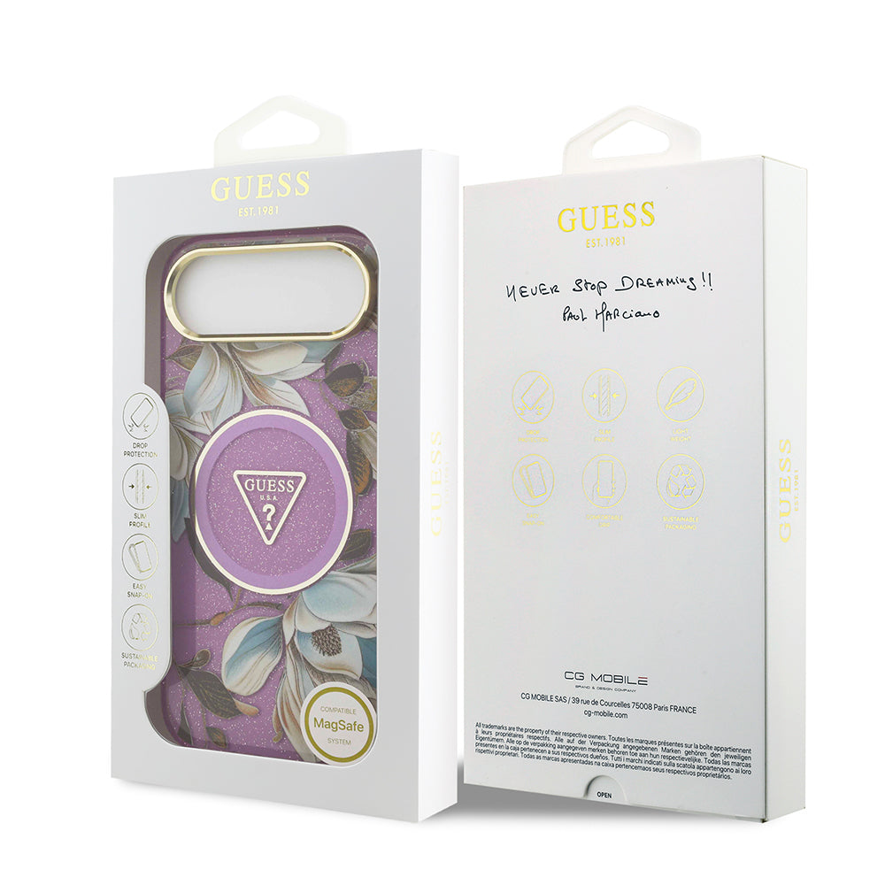 Apple iPhone 17 Air Kılıf Guess Orjinal Lisanslı M-safe Şarj Özellikli Simli Çiçek Desenli Metal Kamera Çerçeveli Üçgen Logolu Kapak Mor