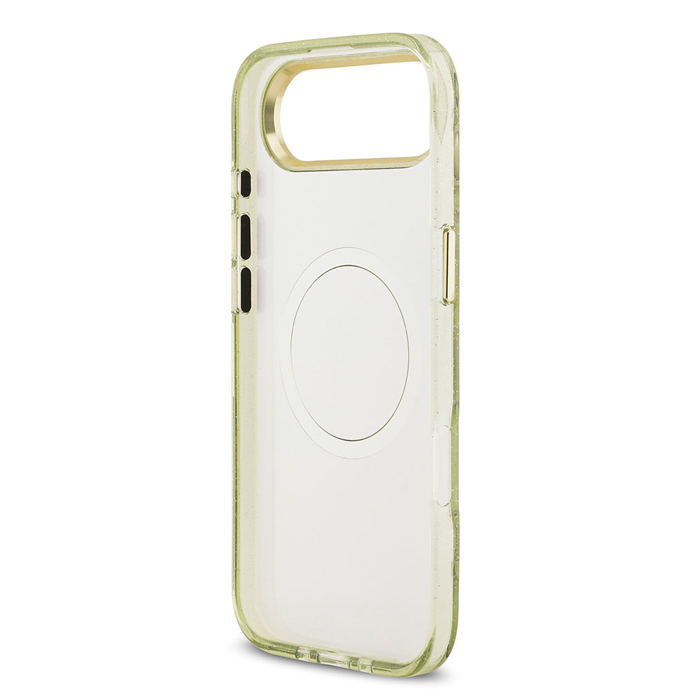 Apple iPhone 17 Air Kılıf Guess Orjinal Lisanslı M-safe Şarj Özellikli Simli Çiçek Desenli Metal Kamera Çerçeveli Üçgen Logolu Kapak Yeşil