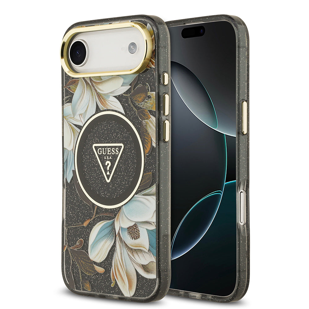 Apple iPhone 17 Air Kılıf Guess Orjinal Lisanslı M-safe Şarj Özellikli Simli Çiçek Desenli Metal Kamera Çerçeveli Üçgen Logolu Kapak Siyah