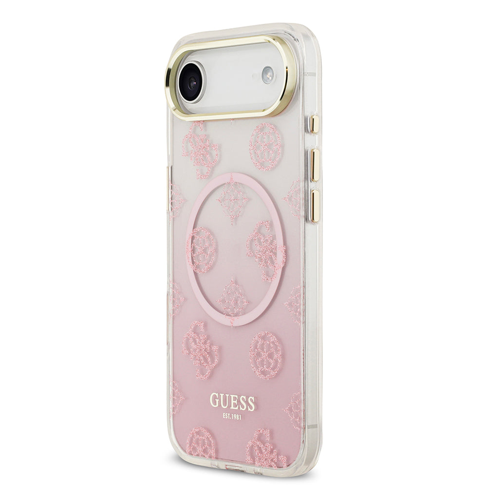 Apple iPhone 17 Air Kılıf Guess Orjinal Lisanslı M-safe Şarj Özellikli Simli Peony Desenli Silikon Kapak Pembe
