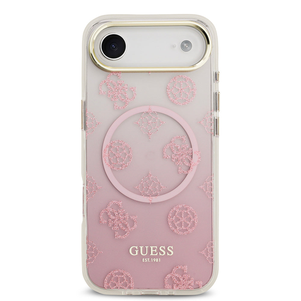 Apple iPhone 17 Air Kılıf Guess Orjinal Lisanslı M-safe Şarj Özellikli Simli Peony Desenli Silikon Kapak Pembe