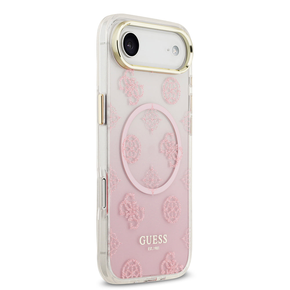 Apple iPhone 17 Air Kılıf Guess Orjinal Lisanslı M-safe Şarj Özellikli Simli Peony Desenli Silikon Kapak Pembe
