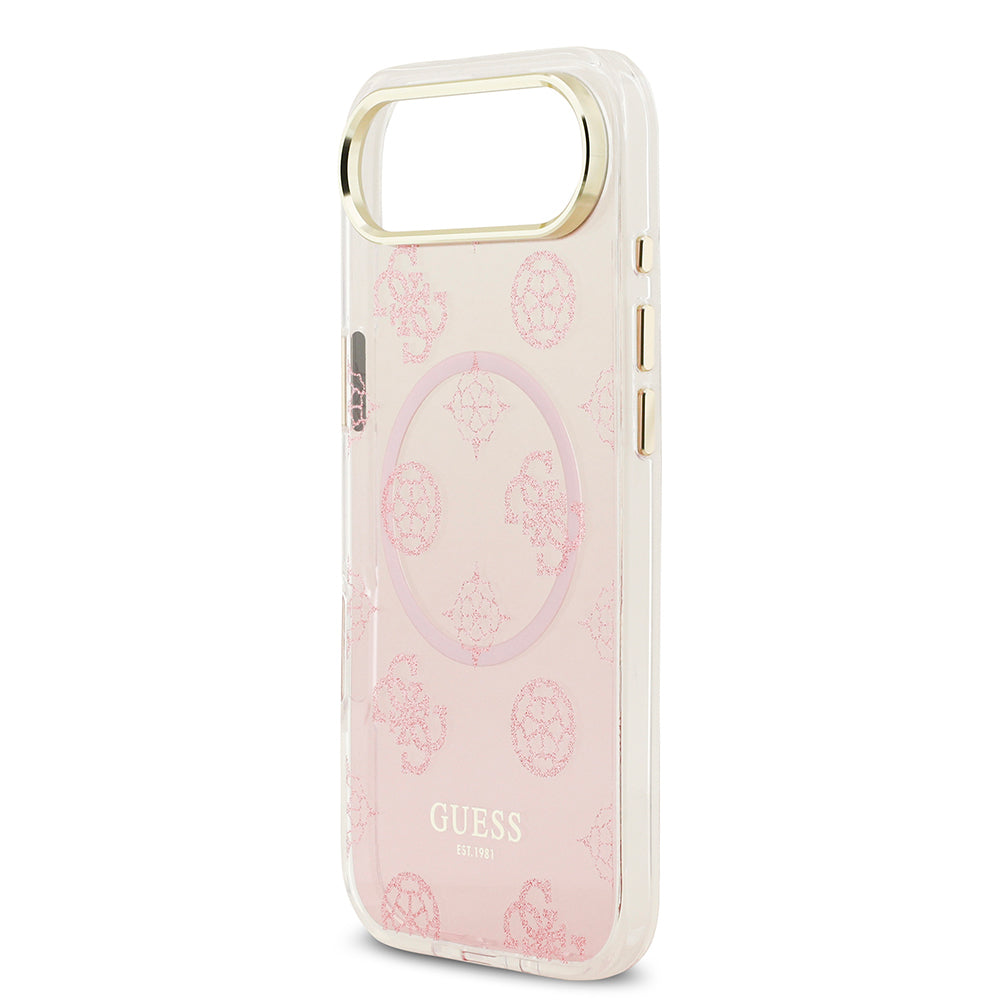 Apple iPhone 17 Air Kılıf Guess Orjinal Lisanslı M-safe Şarj Özellikli Simli Peony Desenli Silikon Kapak Pembe