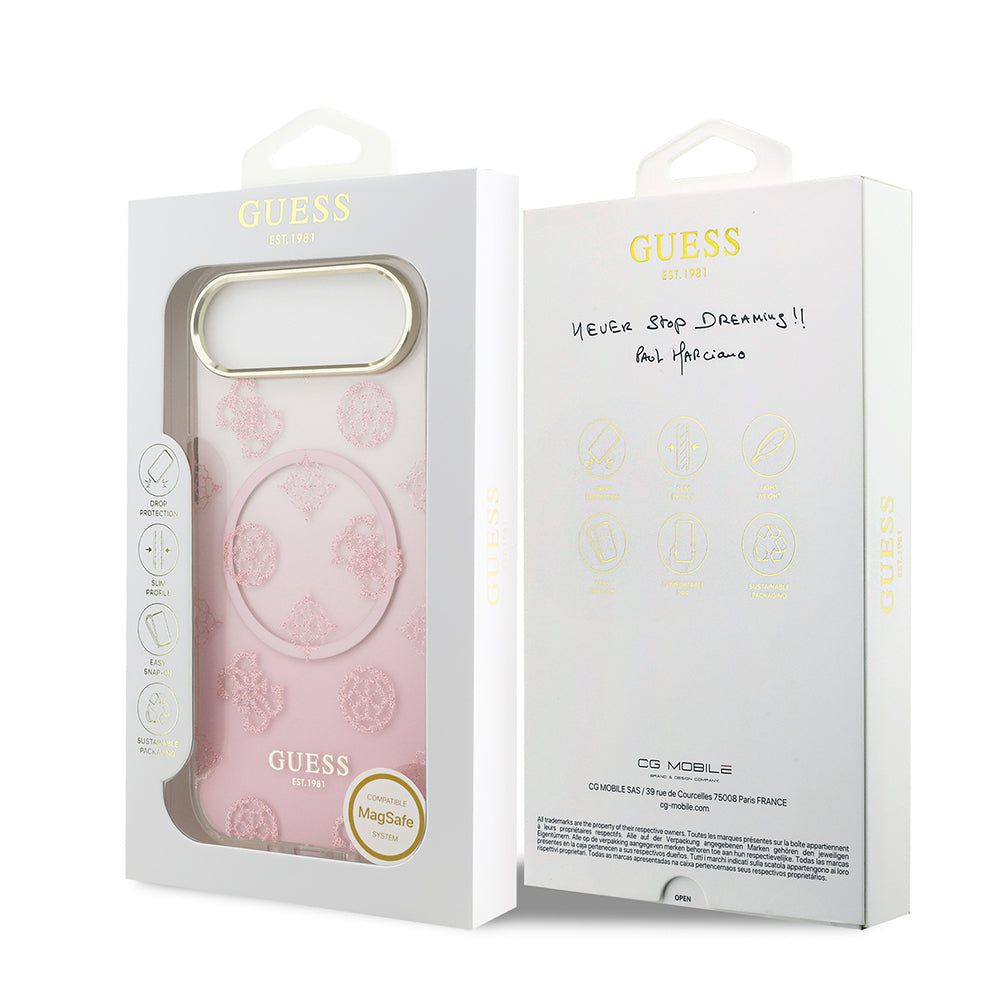 Apple iPhone 17 Air Kılıf Guess Orjinal Lisanslı M-safe Şarj Özellikli Simli Peony Desenli Silikon Kapak Pembe
