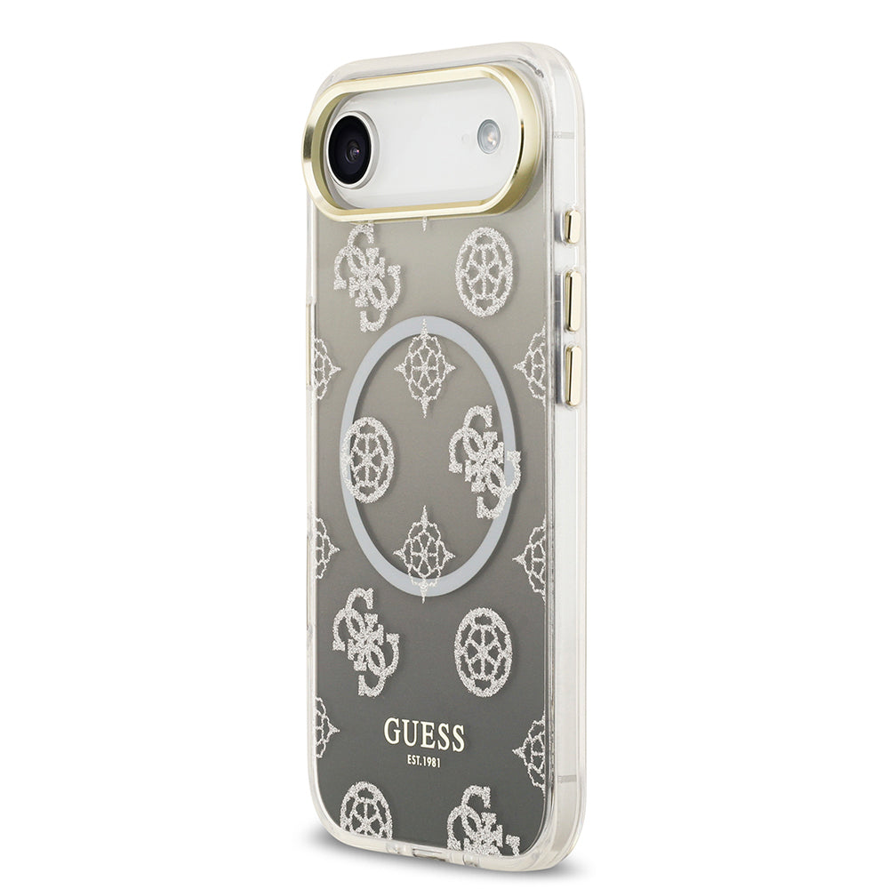 Apple iPhone 17 Air Kılıf Guess Orjinal Lisanslı M-safe Şarj Özellikli Simli Peony Desenli Silikon Kapak Siyah