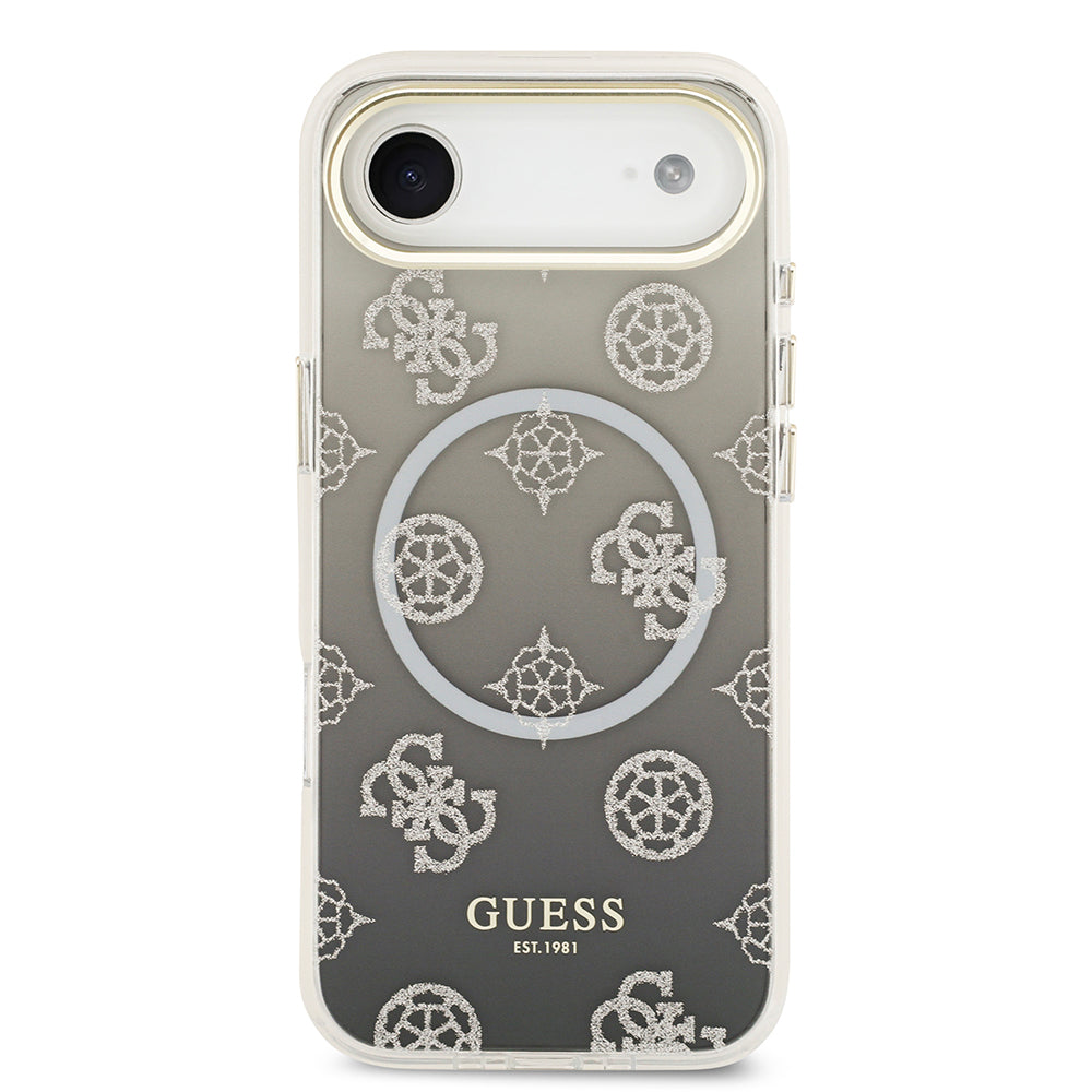 Apple iPhone 17 Air Kılıf Guess Orjinal Lisanslı M-safe Şarj Özellikli Simli Peony Desenli Silikon Kapak Siyah