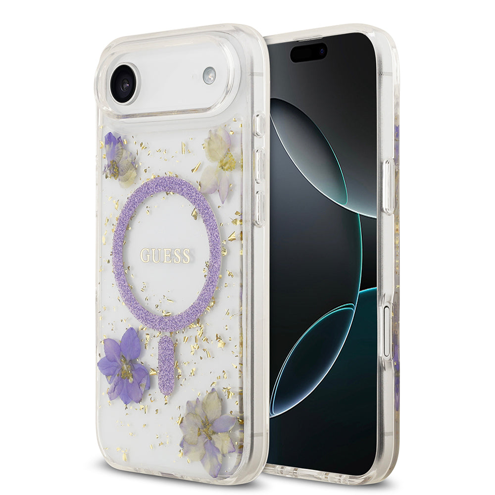 Apple iPhone 17 Air Kılıf Guess Orjinal Lisanslı M-safe Şarj Özellikli Transparan Resin Flowers Kapak Mor