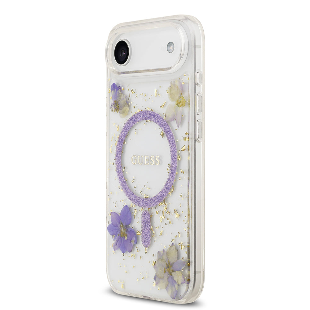Apple iPhone 17 Air Kılıf Guess Orjinal Lisanslı M-safe Şarj Özellikli Transparan Resin Flowers Kapak Mor
