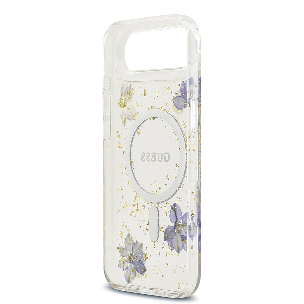 Apple iPhone 17 Air Kılıf Guess Orjinal Lisanslı M-safe Şarj Özellikli Transparan Resin Flowers Kapak Mor