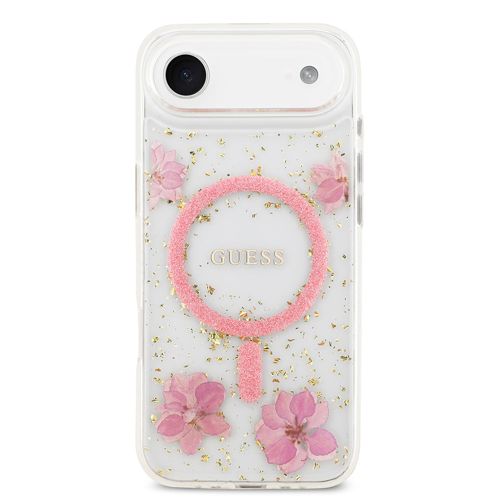 Apple iPhone 17 Air Kılıf Guess Orjinal Lisanslı M-safe Şarj Özellikli Transparan Resin Flowers Kapak Mor