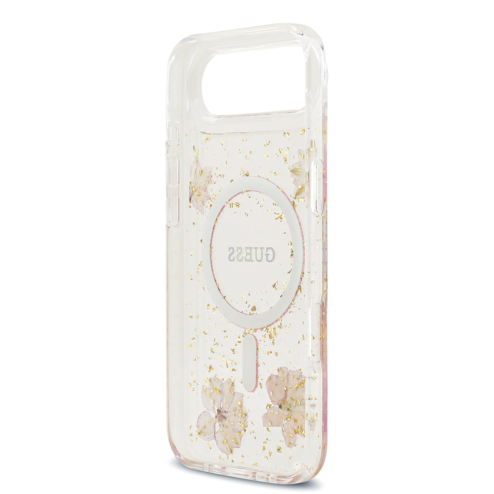 Apple iPhone 17 Air Kılıf Guess Orjinal Lisanslı M-safe Şarj Özellikli Transparan Resin Flowers Kapak Pembe