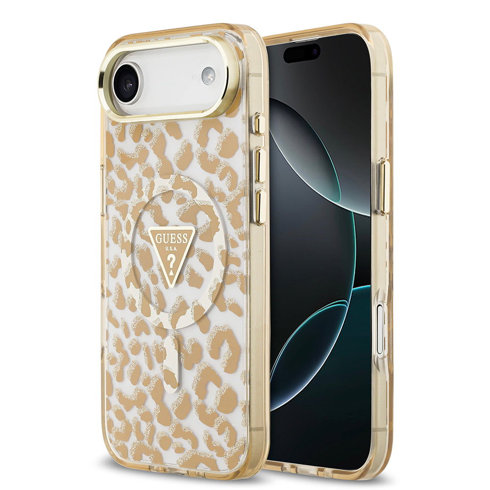 Apple iPhone 17 Air Kılıf Guess Orjinal Lisanslı M-safe Şarj Özellikli Üçgen Logolu Simli Leopar Desenli Kapak Kahverengi
