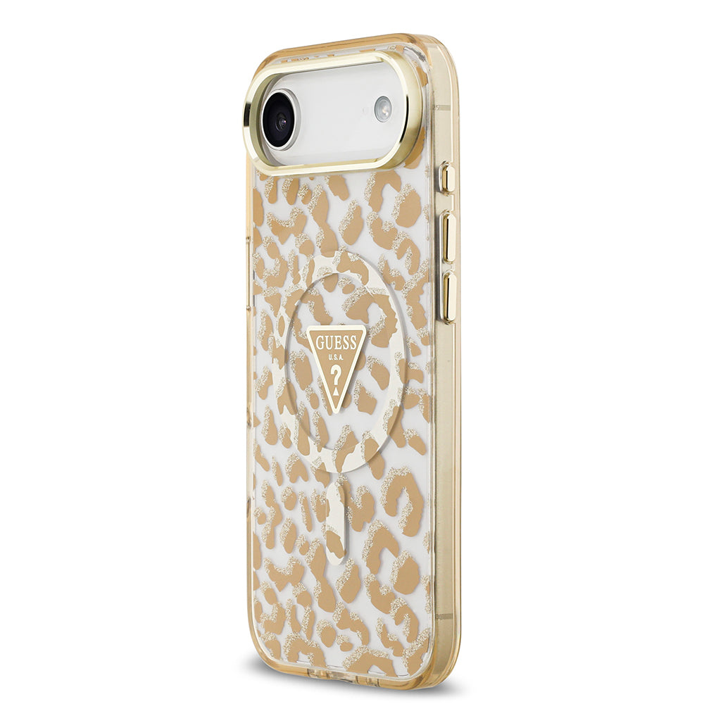 Apple iPhone 17 Air Kılıf Guess Orjinal Lisanslı M-safe Şarj Özellikli Üçgen Logolu Simli Leopar Desenli Kapak Kahverengi