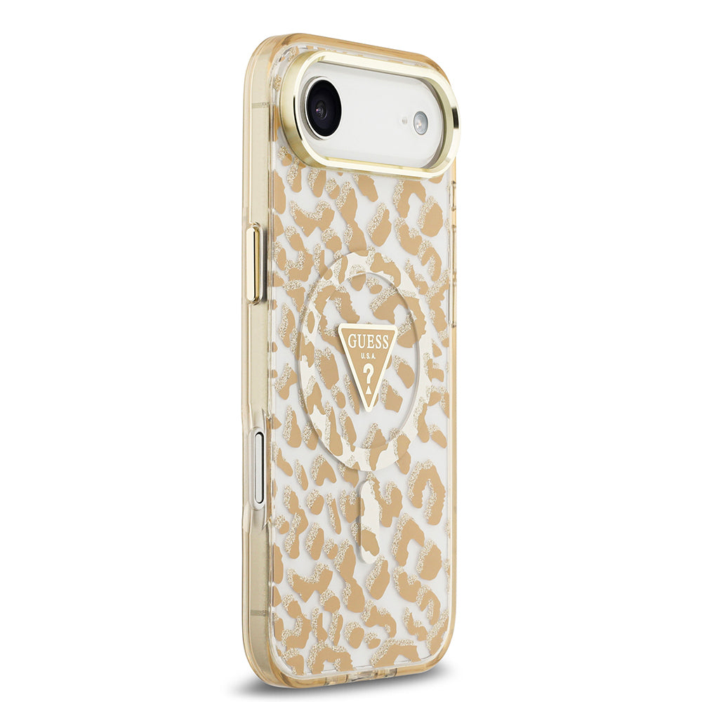Apple iPhone 17 Air Kılıf Guess Orjinal Lisanslı M-safe Şarj Özellikli Üçgen Logolu Simli Leopar Desenli Kapak Kahverengi