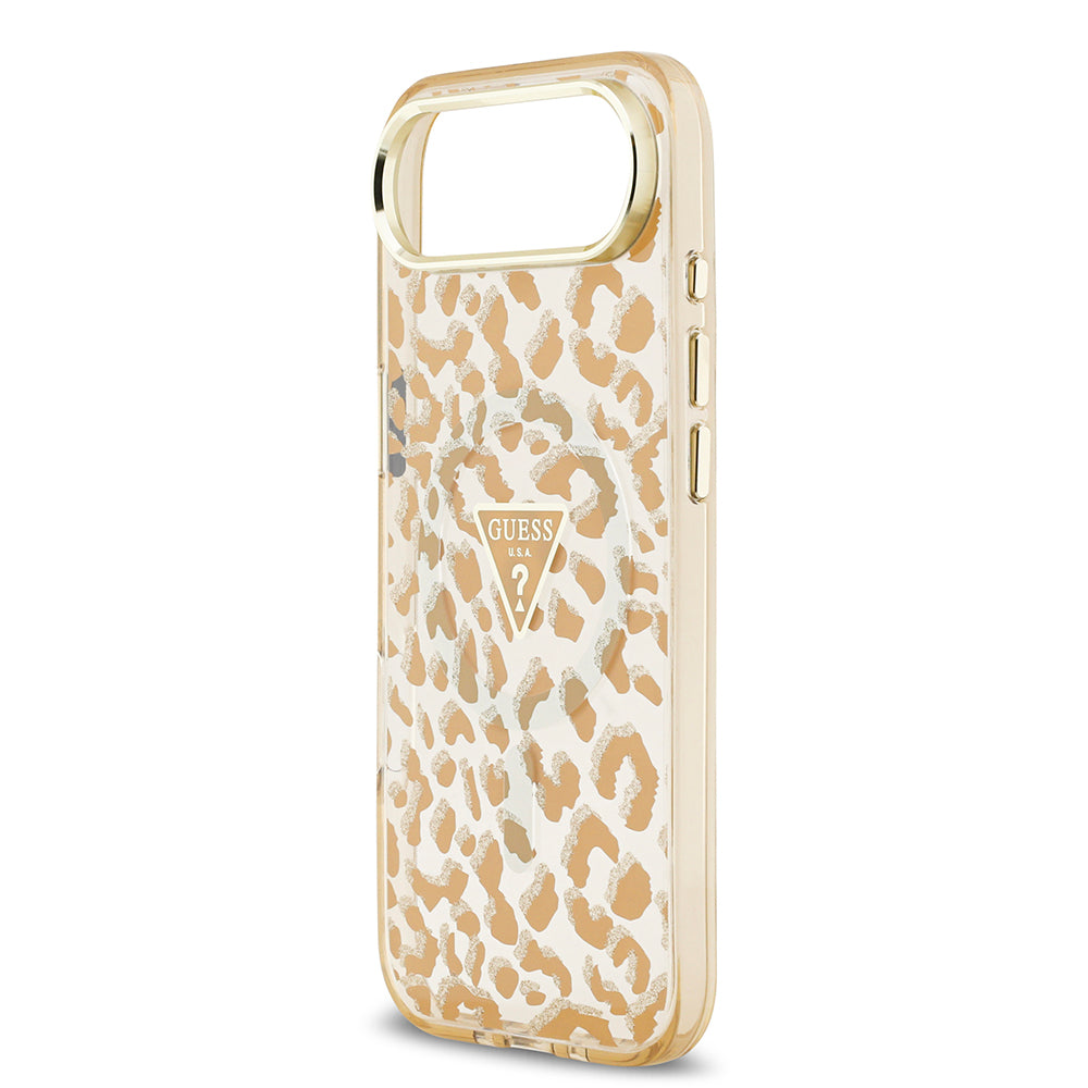 Apple iPhone 17 Air Kılıf Guess Orjinal Lisanslı M-safe Şarj Özellikli Üçgen Logolu Simli Leopar Desenli Kapak Kahverengi