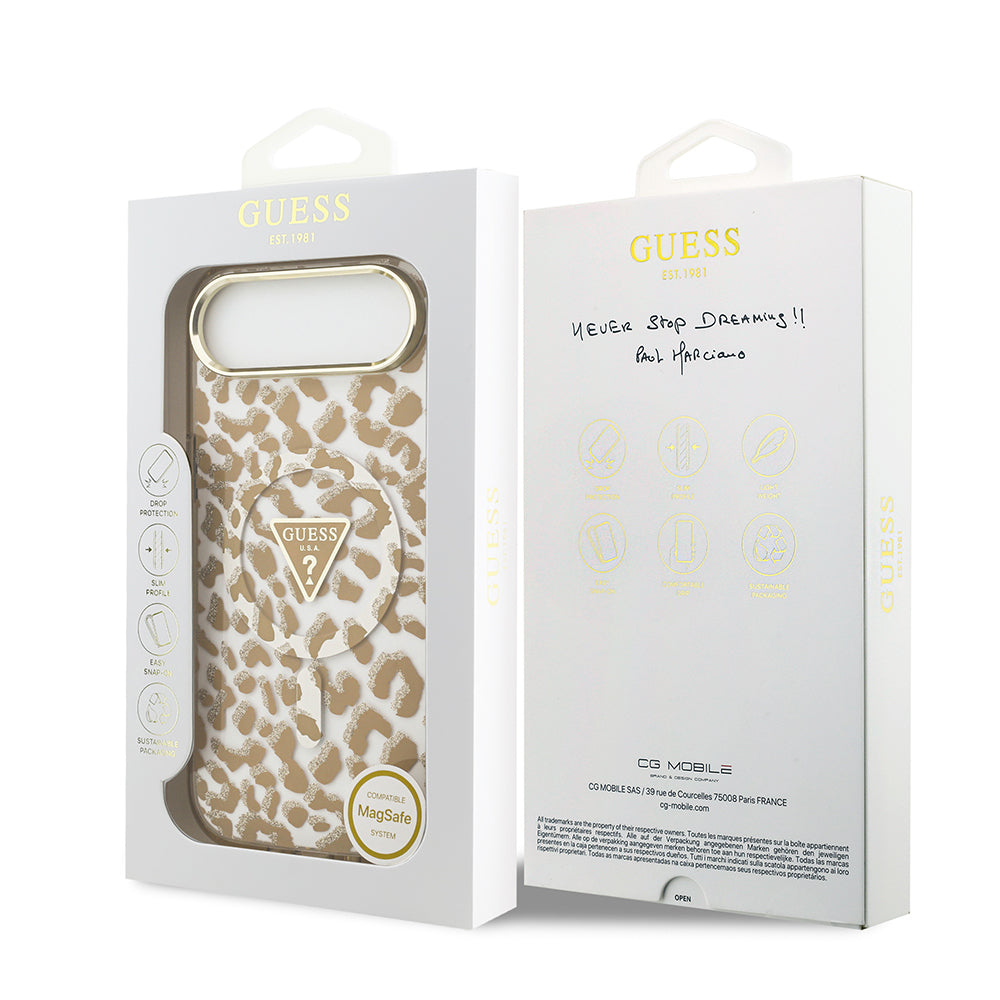 Apple iPhone 17 Air Kılıf Guess Orjinal Lisanslı M-safe Şarj Özellikli Üçgen Logolu Simli Leopar Desenli Kapak Kahverengi