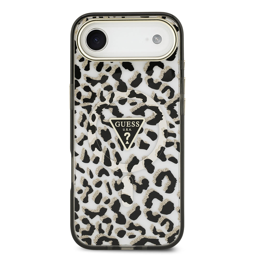 Apple iPhone 17 Air Kılıf Guess Orjinal Lisanslı M-safe Şarj Özellikli Üçgen Logolu Simli Leopar Desenli Kapak Siyah