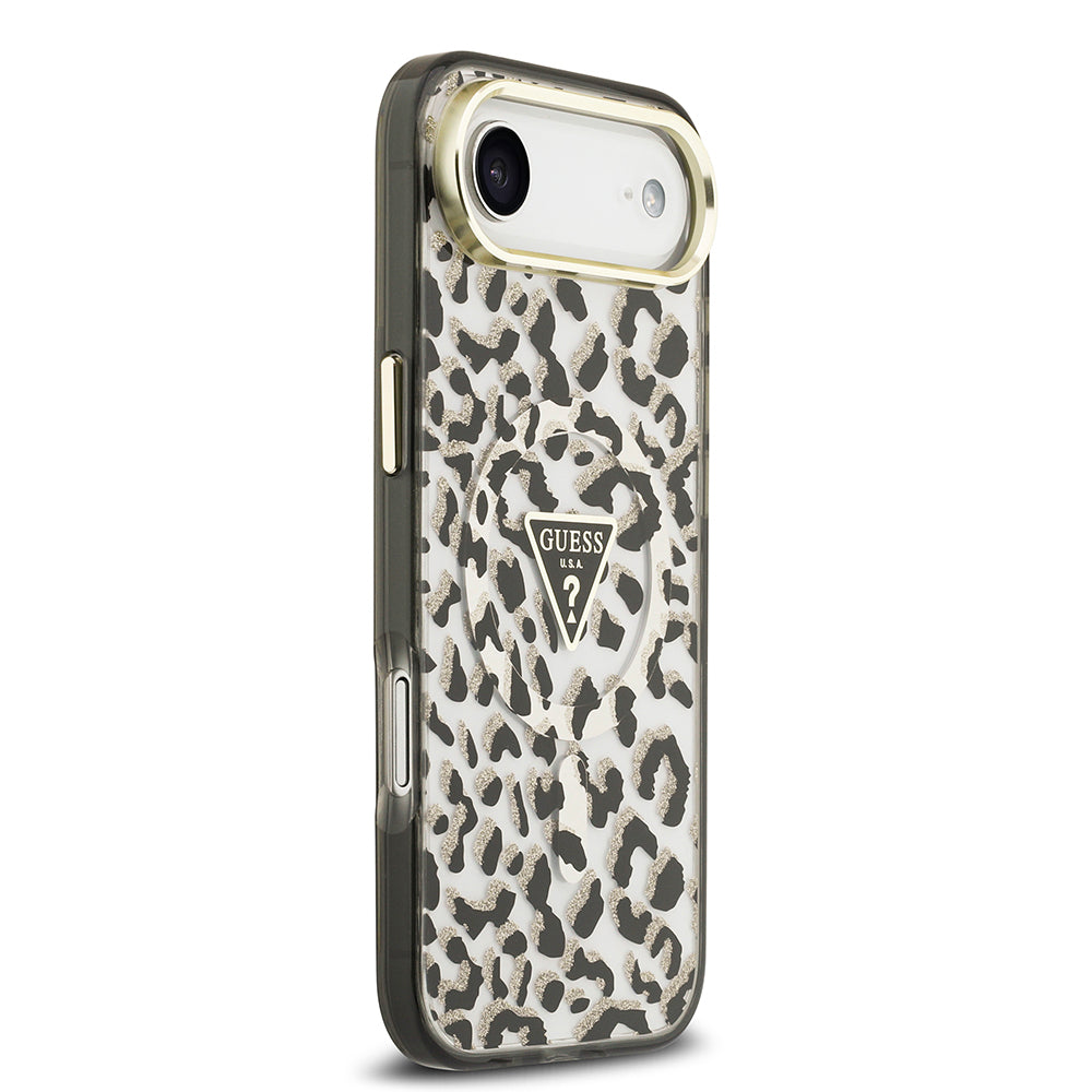 Apple iPhone 17 Air Kılıf Guess Orjinal Lisanslı M-safe Şarj Özellikli Üçgen Logolu Simli Leopar Desenli Kapak Siyah