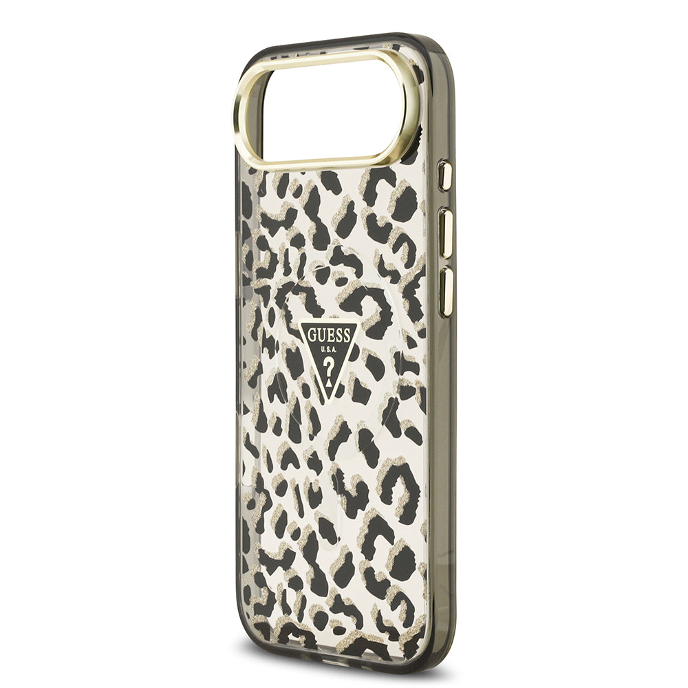 Apple iPhone 17 Air Kılıf Guess Orjinal Lisanslı M-safe Şarj Özellikli Üçgen Logolu Simli Leopar Desenli Kapak Siyah