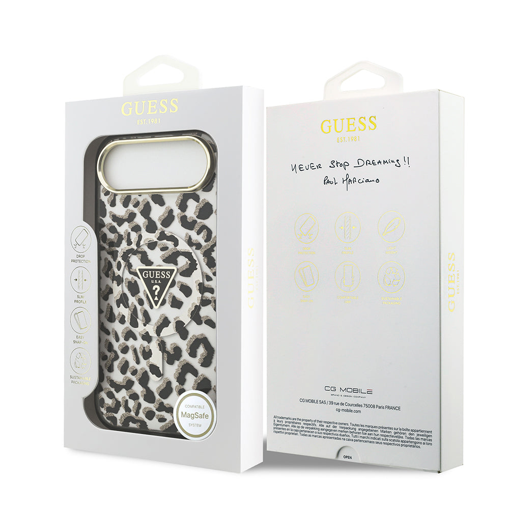 Apple iPhone 17 Air Kılıf Guess Orjinal Lisanslı M-safe Şarj Özellikli Üçgen Logolu Simli Leopar Desenli Kapak Siyah