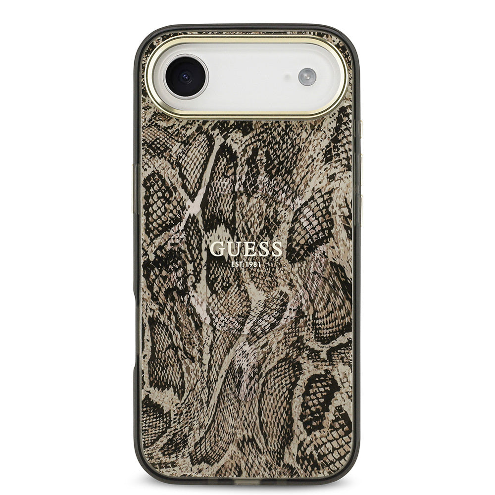 Apple iPhone 17 Air Kılıf Guess Orjinal Lisanslı M-safe Şarj Özellikli Yazı Logolu Python Desenli Kapak Kahverengi