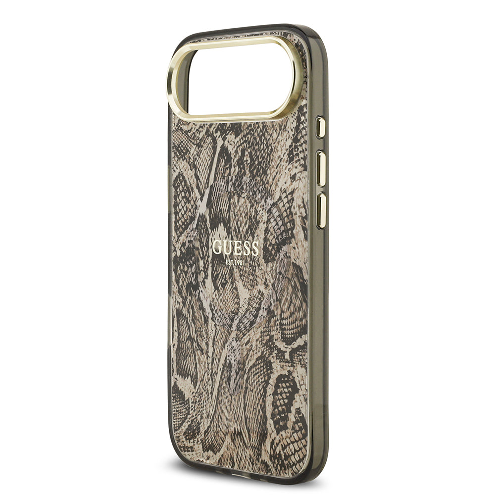 Apple iPhone 17 Air Kılıf Guess Orjinal Lisanslı M-safe Şarj Özellikli Yazı Logolu Python Desenli Kapak Kahverengi