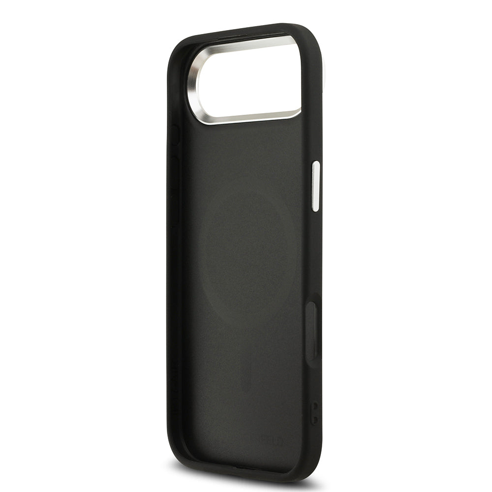 Apple iPhone 17 Air Kılıf Karl Lagerfeld Orjinal Lisanslı M-safe Şarj Özellikli Delikli Tasarım Metal Logolu PU Deri Kapak Siyah