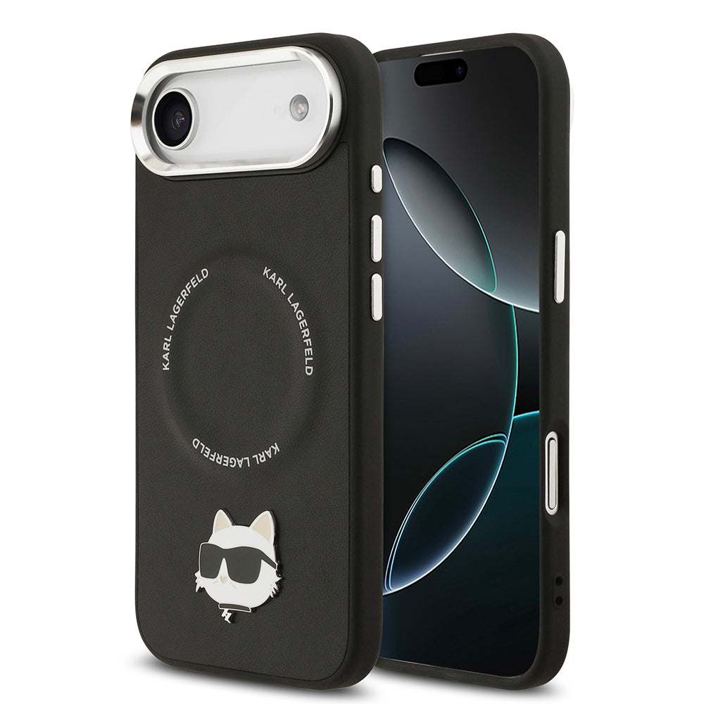 Apple iPhone 17 Air Kılıf Karl Lagerfeld Orjinal Lisanslı M-safe Şarj Özellikli Metal Kamera ve Buton Tasarımlı Choupette PU Deri Kapak Siyah