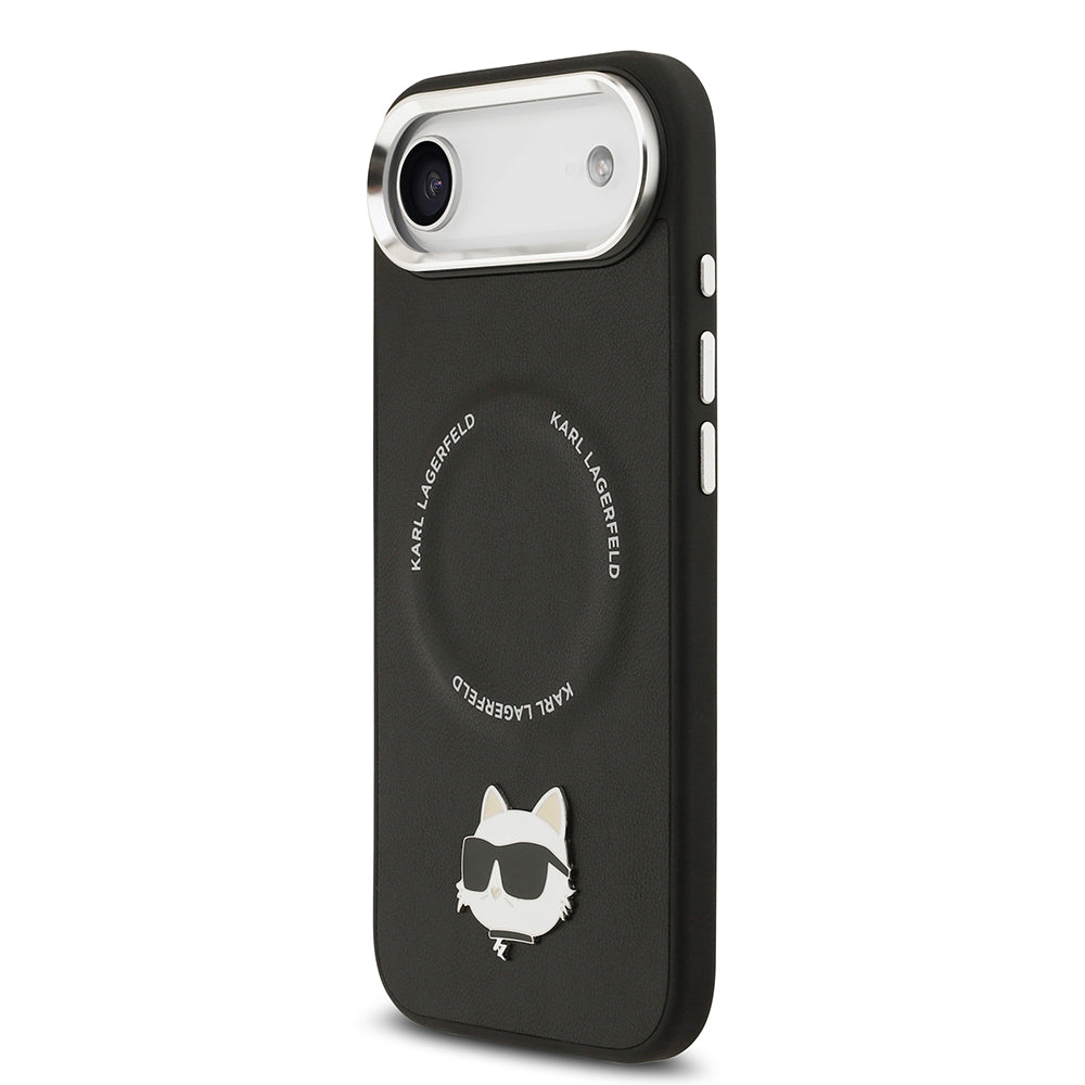Apple iPhone 17 Air Kılıf Karl Lagerfeld Orjinal Lisanslı M-safe Şarj Özellikli Metal Kamera ve Buton Tasarımlı Choupette PU Deri Kapak Siyah