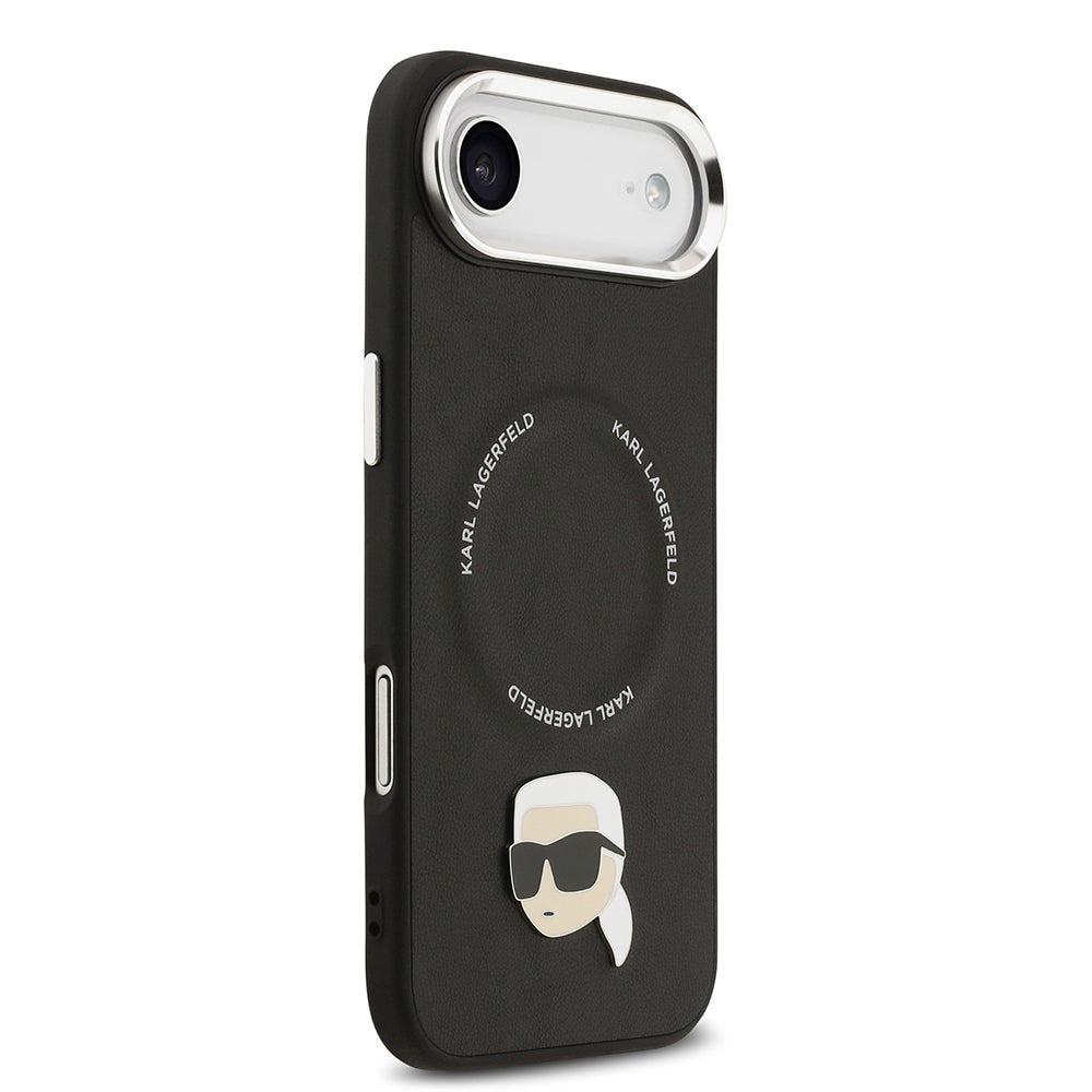 Apple iPhone 17 Air Kılıf Karl Lagerfeld Orjinal Lisanslı M-safe Şarj Özellikli Metal Kamera ve Buton Tasarımlı Karl PU Deri Kapak Siyah