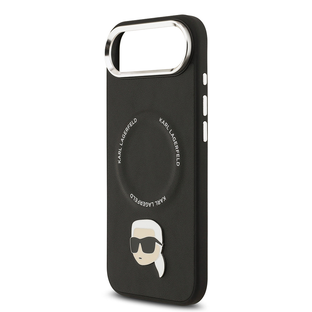 Apple iPhone 17 Air Kılıf Karl Lagerfeld Orjinal Lisanslı M-safe Şarj Özellikli Metal Kamera ve Buton Tasarımlı Karl PU Deri Kapak Siyah