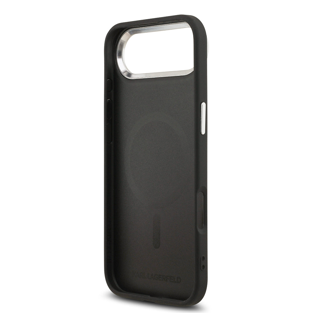 Apple iPhone 17 Air Kılıf Karl Lagerfeld Orjinal Lisanslı M-safe Şarj Özellikli Metal Kamera ve Buton Tasarımlı Karl PU Deri Kapak Siyah