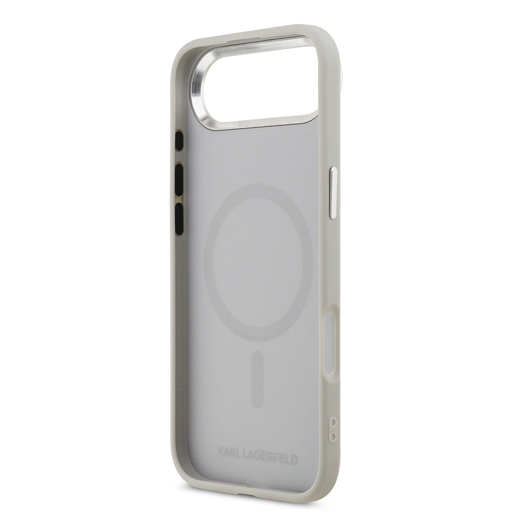 Apple iPhone 17 Air Kılıf Karl Lagerfeld Orjinal Lisanslı M-safe Şarj Özellikli Metal Kamera ve Buton Tasarımlı K&C PU Deri Kapak Gri