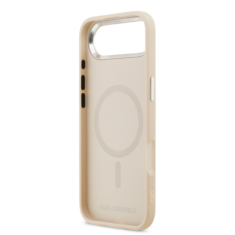 Apple iPhone 17 Air Kılıf Karl Lagerfeld Orjinal Lisanslı M-safe Şarj Özellikli Metal Kamera ve Buton Tasarımlı K&C PU Deri Kapak Bej