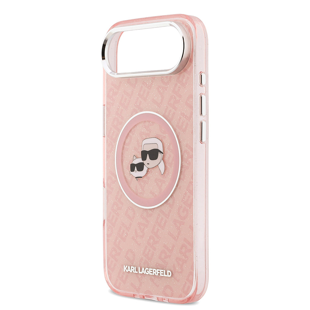 Apple iPhone 17 Air Kılıf Karl Lagerfeld Orjinal Lisanslı Parlayan Simli Karl & Choupette Heads Kapak Pembe