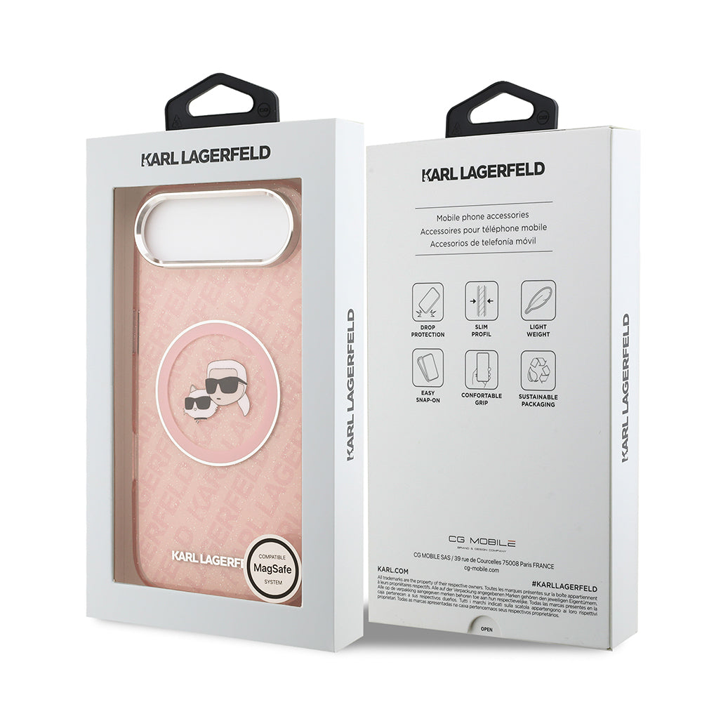 Apple iPhone 17 Air Kılıf Karl Lagerfeld Orjinal Lisanslı Parlayan Simli Karl & Choupette Heads Kapak Pembe