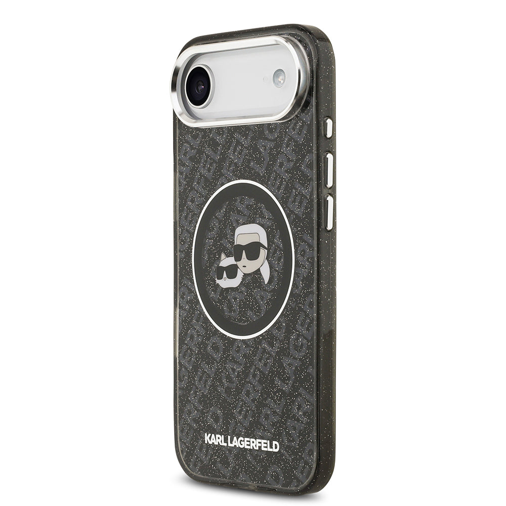 Apple iPhone 17 Air Kılıf Karl Lagerfeld Orjinal Lisanslı Parlayan Simli Karl & Choupette Heads Kapak Siyah