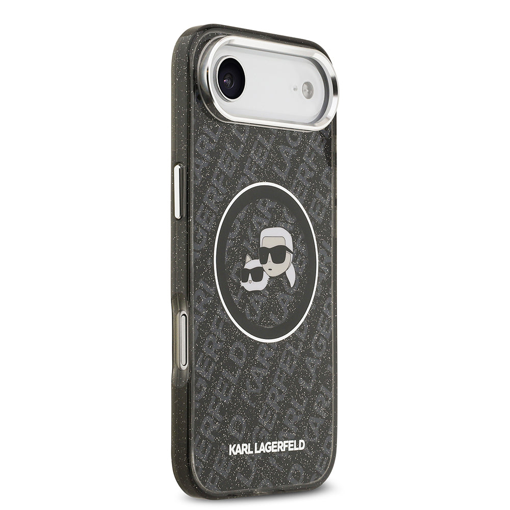 Apple iPhone 17 Air Kılıf Karl Lagerfeld Orjinal Lisanslı Parlayan Simli Karl & Choupette Heads Kapak Siyah