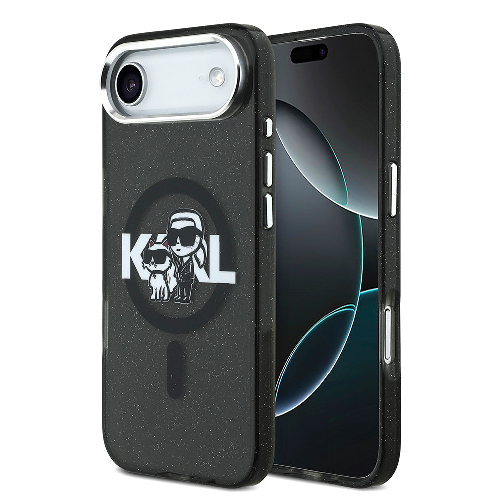 Apple iPhone 17 Air Kılıf Karl Lagerfeld Orjinal Lisanslı Parlayan Simli Karl & Choupette Sketch Logo Kapak Siyah
