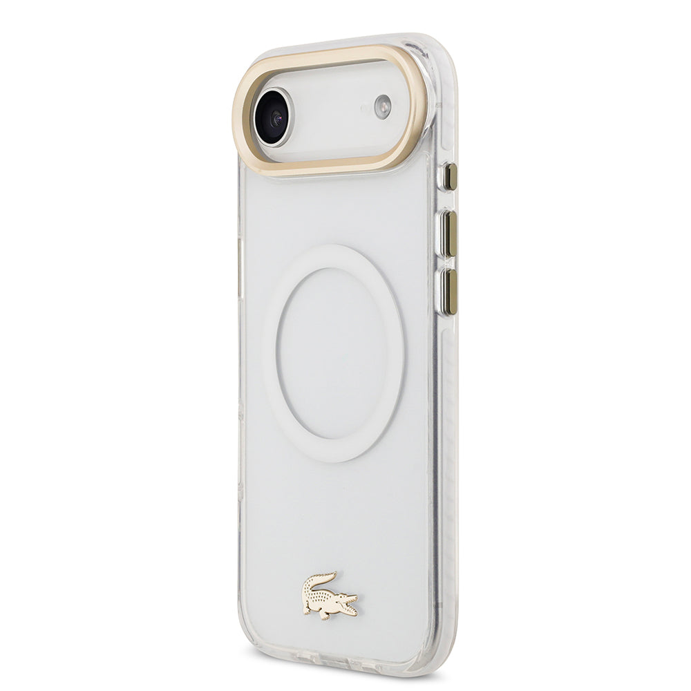 Apple iPhone 17 Air Kılıf Lacoste Orjinal Lisanslı M-safe Şarj Özellikli Gold Timsah Logolu Buzlu Kapak Beyaz