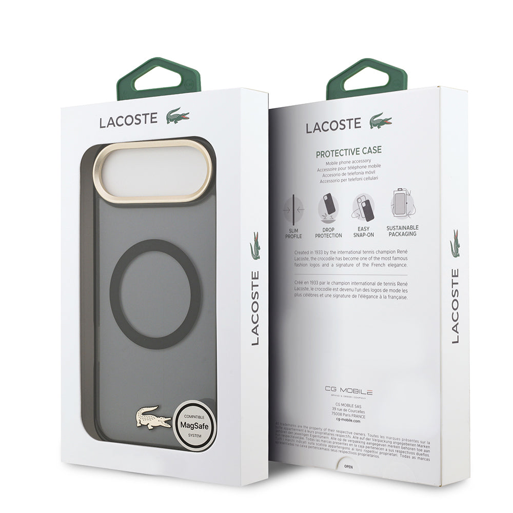 Apple iPhone 17 Air Kılıf Lacoste Orjinal Lisanslı M-safe Şarj Özellikli Gold Timsah Logolu Buzlu Kapak Siyah