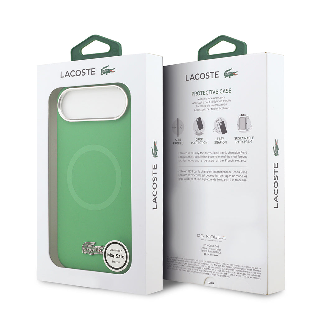 Apple iPhone 17 Air Kılıf Lacoste Orjinal Lisanslı M-safe Şarj Özellikli İkonik Logolu Metal Kamera Çerçeveli Silikon Kapak Yeşil