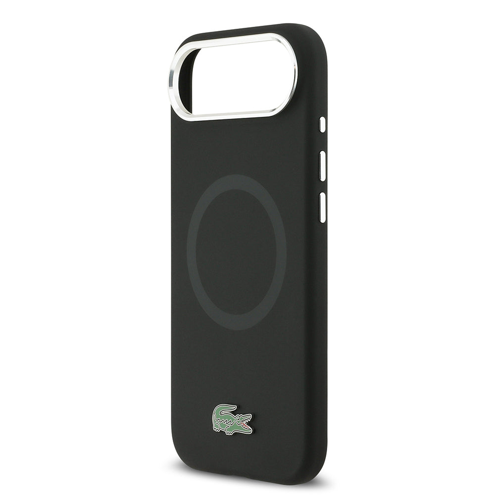 Apple iPhone 17 Air Kılıf Lacoste Orjinal Lisanslı M-safe Şarj Özellikli İkonik Logolu Metal Kamera Çerçeveli Silikon Kapak Siyah