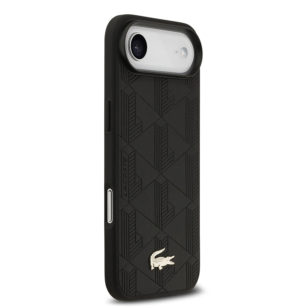 Apple iPhone 17 Air Kılıf Lacoste Orjinal Lisanslı M-safe Şarj Özellikli PU Deri Tasarımlı Karışık Monogram Desenli Kapak Siyah