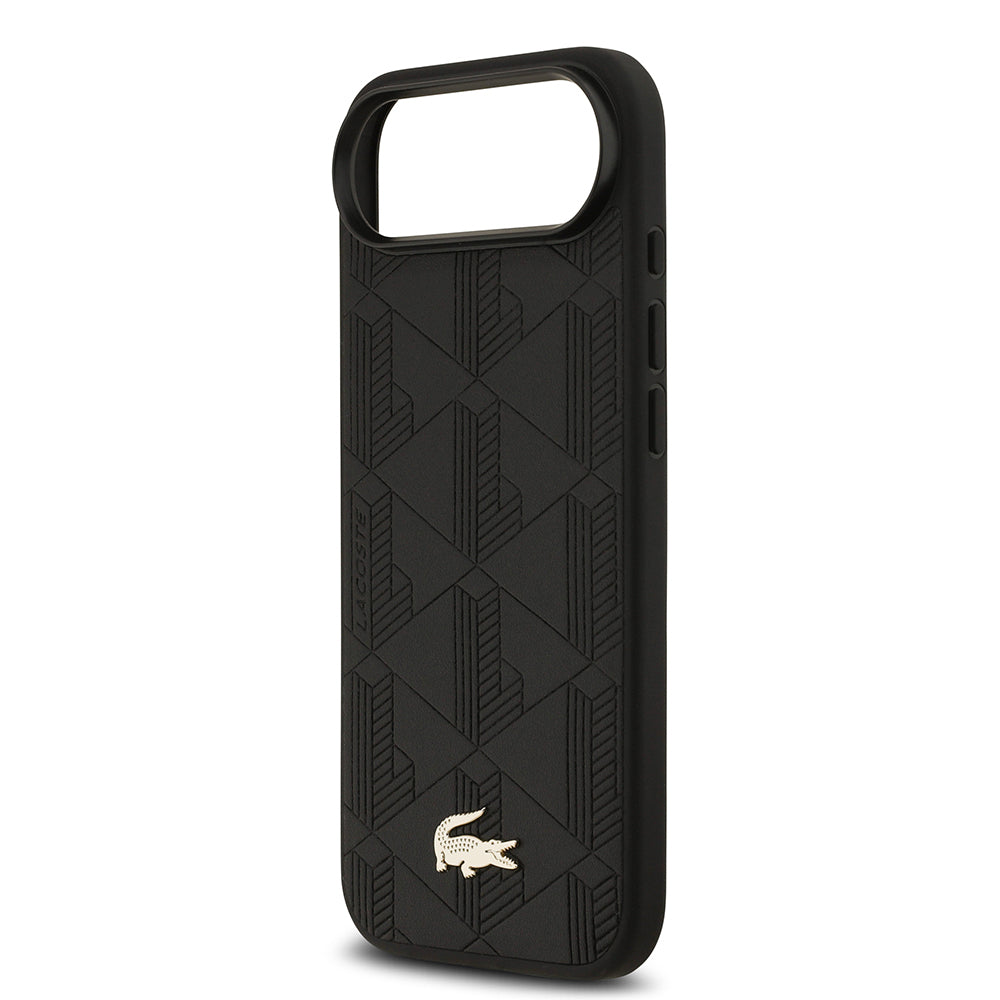 Apple iPhone 17 Air Kılıf Lacoste Orjinal Lisanslı M-safe Şarj Özellikli PU Deri Tasarımlı Karışık Monogram Desenli Kapak Siyah