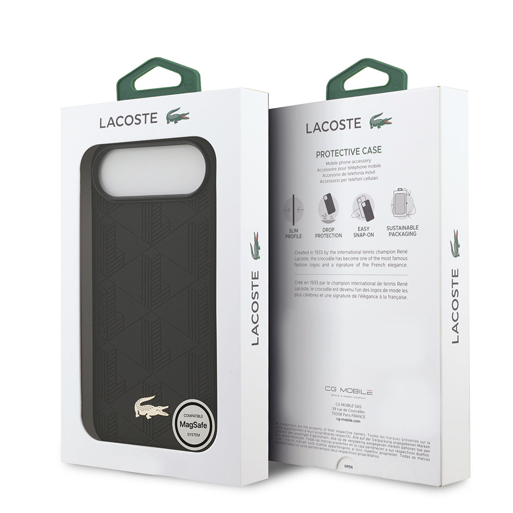 Apple iPhone 17 Air Kılıf Lacoste Orjinal Lisanslı M-safe Şarj Özellikli PU Deri Tasarımlı Karışık Monogram Desenli Kapak Siyah