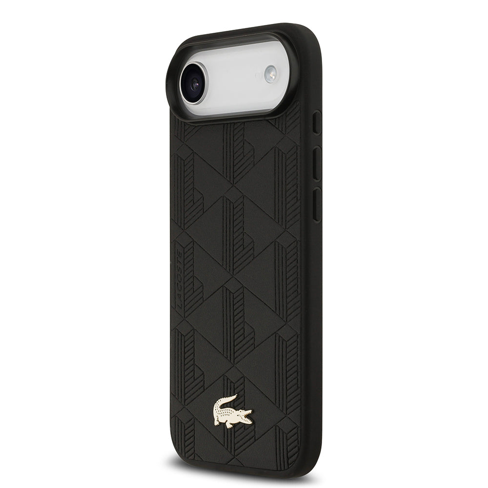 Apple iPhone 17 Air Kılıf Lacoste Orjinal Lisanslı M-safe Şarj Özellikli PU Deri Tasarımlı Karışık Monogram Desenli Kapak Siyah