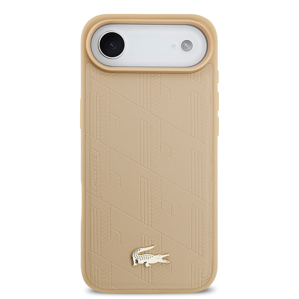 Apple iPhone 17 Air Kılıf Lacoste Orjinal Lisanslı M-safe Şarj Özellikli PU Deri Tasarımlı Karışık Monogram Desenli Kapak Bej