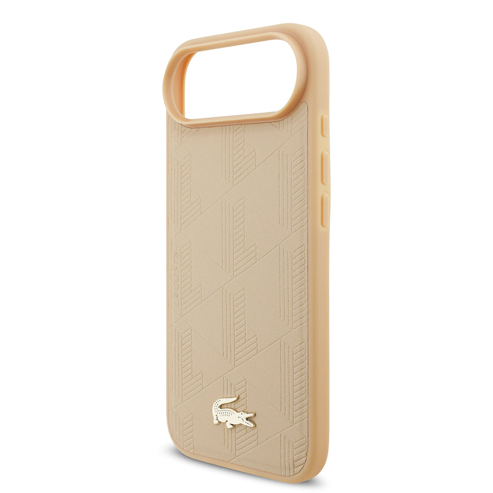 Apple iPhone 17 Air Kılıf Lacoste Orjinal Lisanslı M-safe Şarj Özellikli PU Deri Tasarımlı Karışık Monogram Desenli Kapak Bej